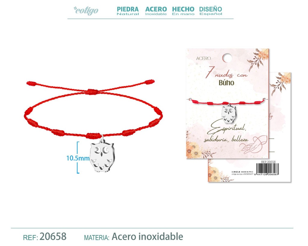 Pulsera de 7 Nudos con Búho color plateado - Pulseras de suerte y protección