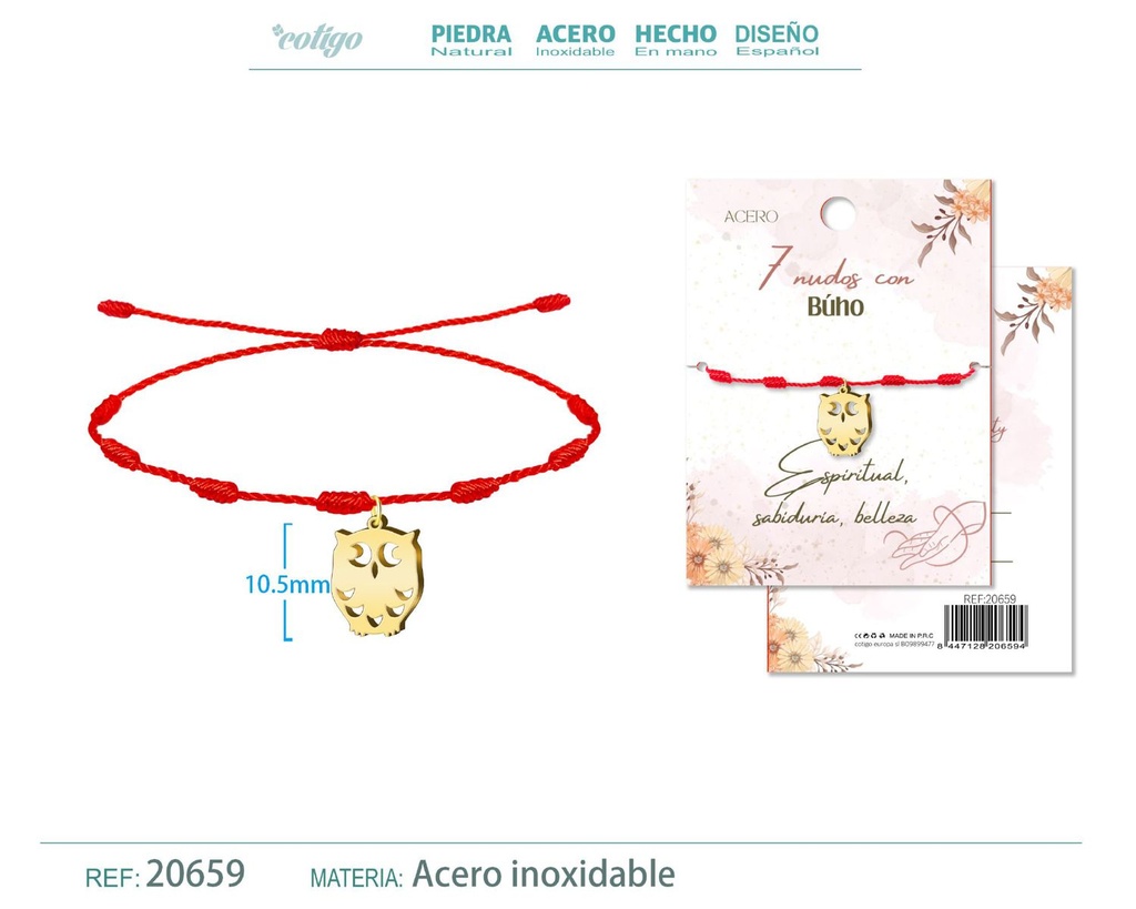 Pulsera de 7 Nudos con Búho color dorado - Pulseras de suerte y protección