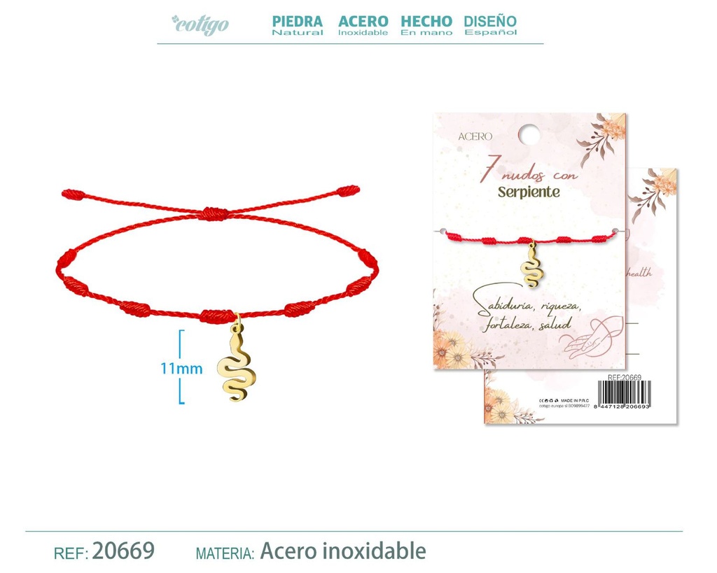 Pulsera de 7 Nudos con Serpiente color dorado - Pulseras de suerte y protección