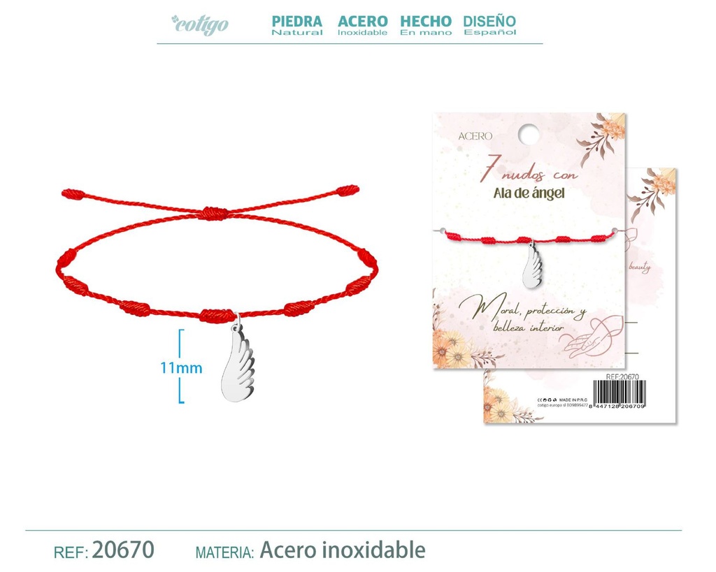 Pulsera de 7 Nudos con Ala de ángel color plateado - Pulseras de suerte y protección