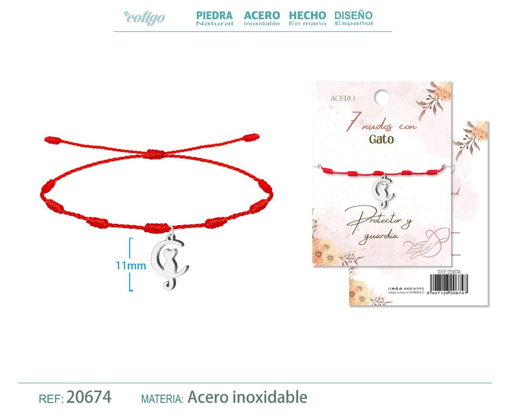 Pulsera de 7 Nudos con Gato color plateado - Pulseras de suerte y protección