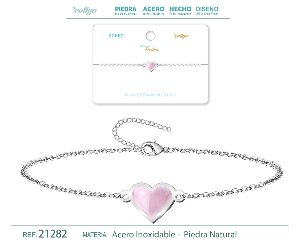 Pulsera Corazón de Cuarzo rosa en acero plateado - Pulsera de acero de moda