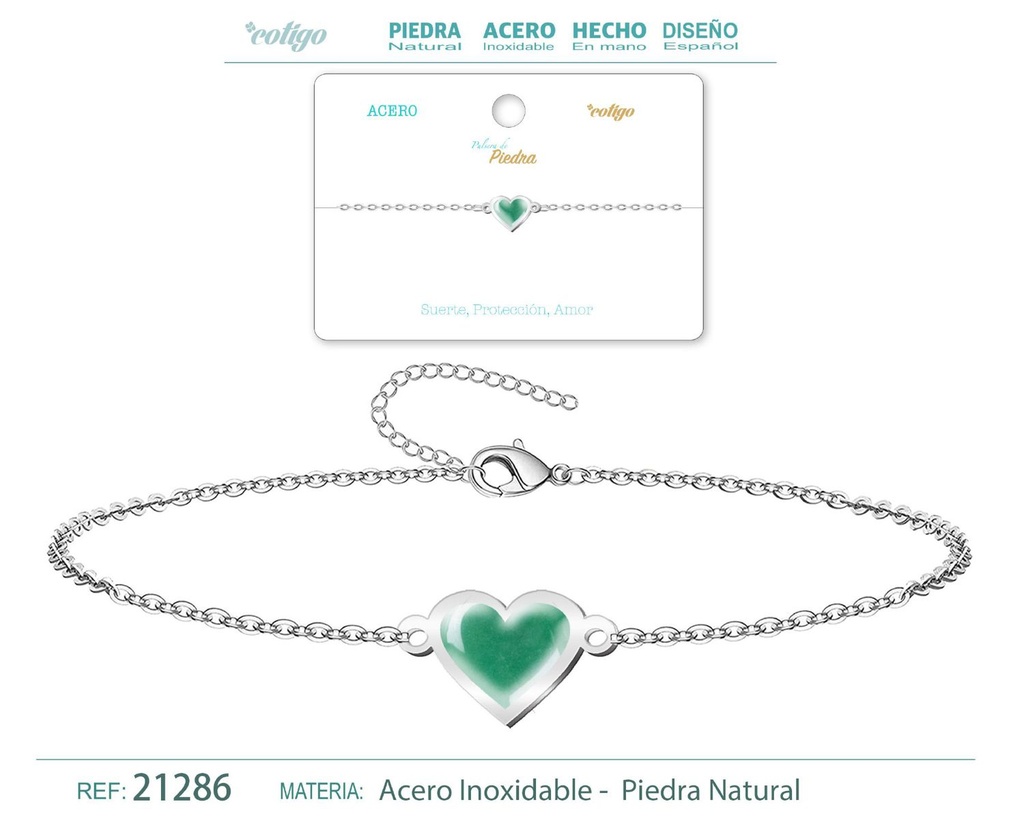 Pulsera Corazón de Aventurina verde en acero plateado - Pulsera de acero de moda