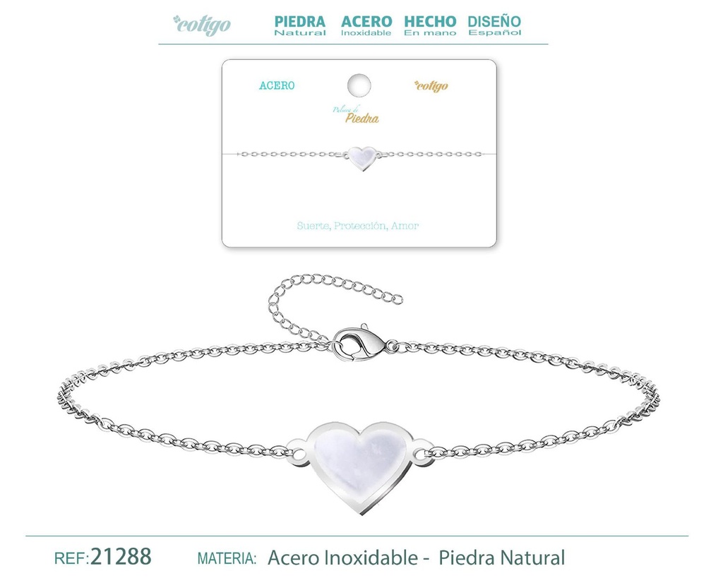 Pulsera Corazón de Opalina en acero plateado - Pulsera de acero de moda