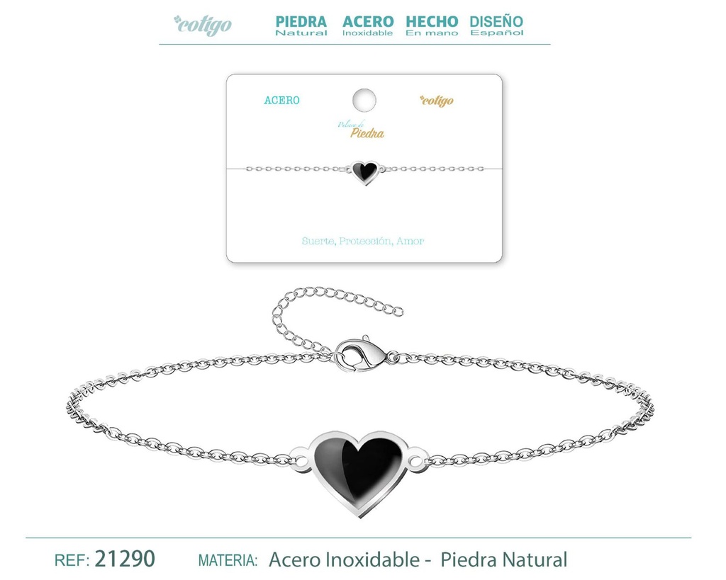 Pulsera Corazón de Ágata negra en acero plateado - Pulsera de acero de moda