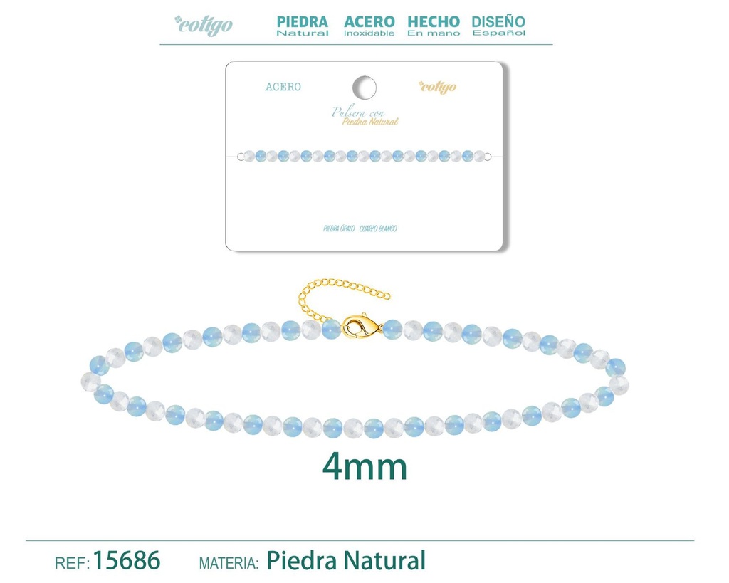 Pulsera de Cuarzo blanco y Opalina 4mm - Pulsera de acero de moda