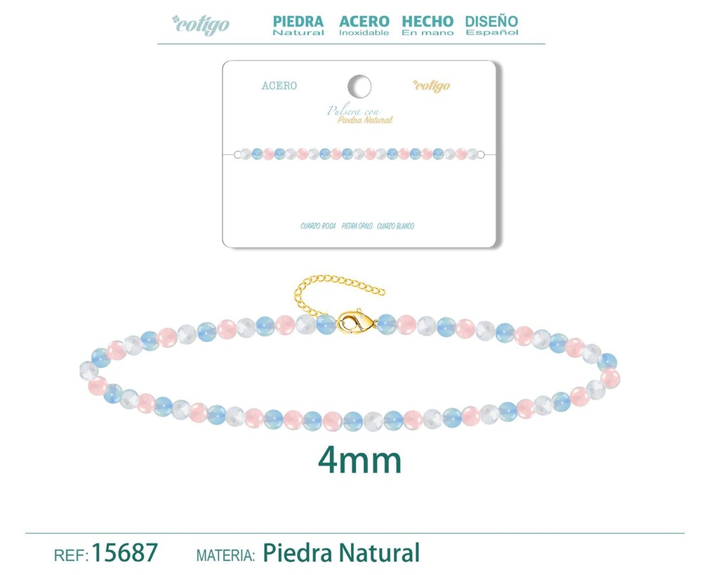 Pulsera de Cuarzo blanco, Opalina y Cuarzo rosa 4mm - Pulsera de acero de moda