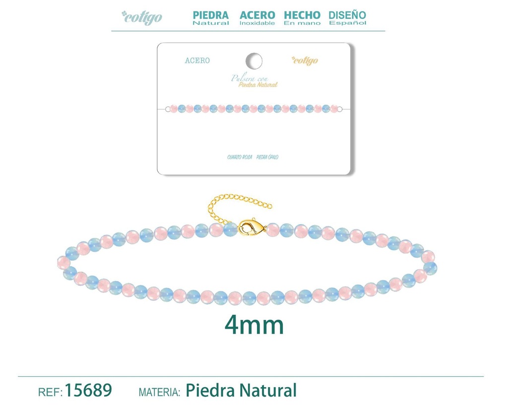 Pulsera de Cuarzo rosa y Opalina 4mm - Pulsera de acero de moda