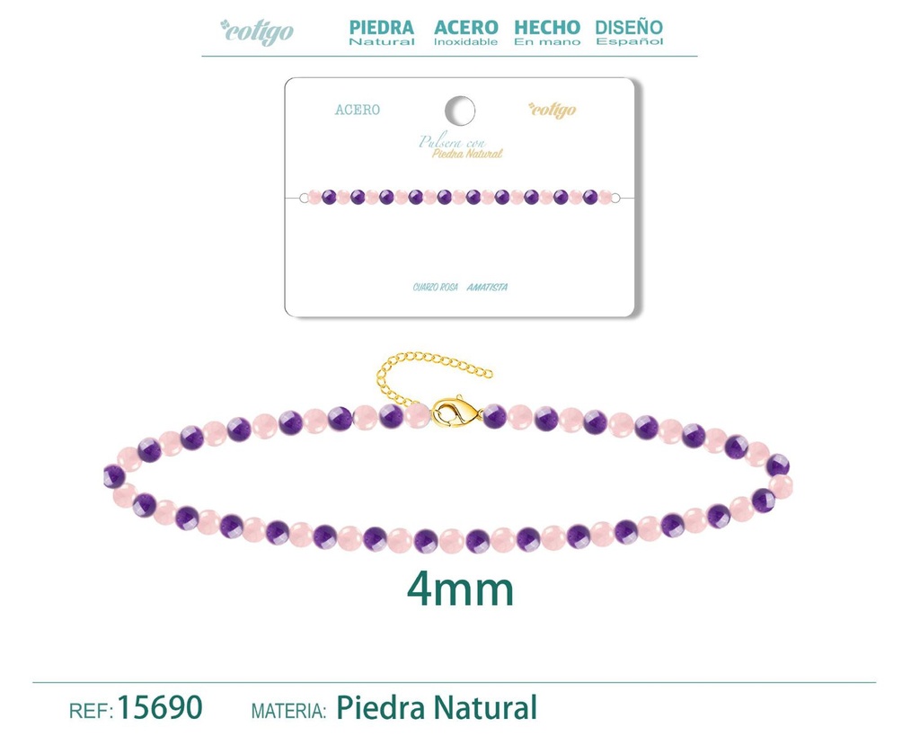 Pulsera de Cuarzo rosa y Amatista 4mm - Pulsera de acero de moda