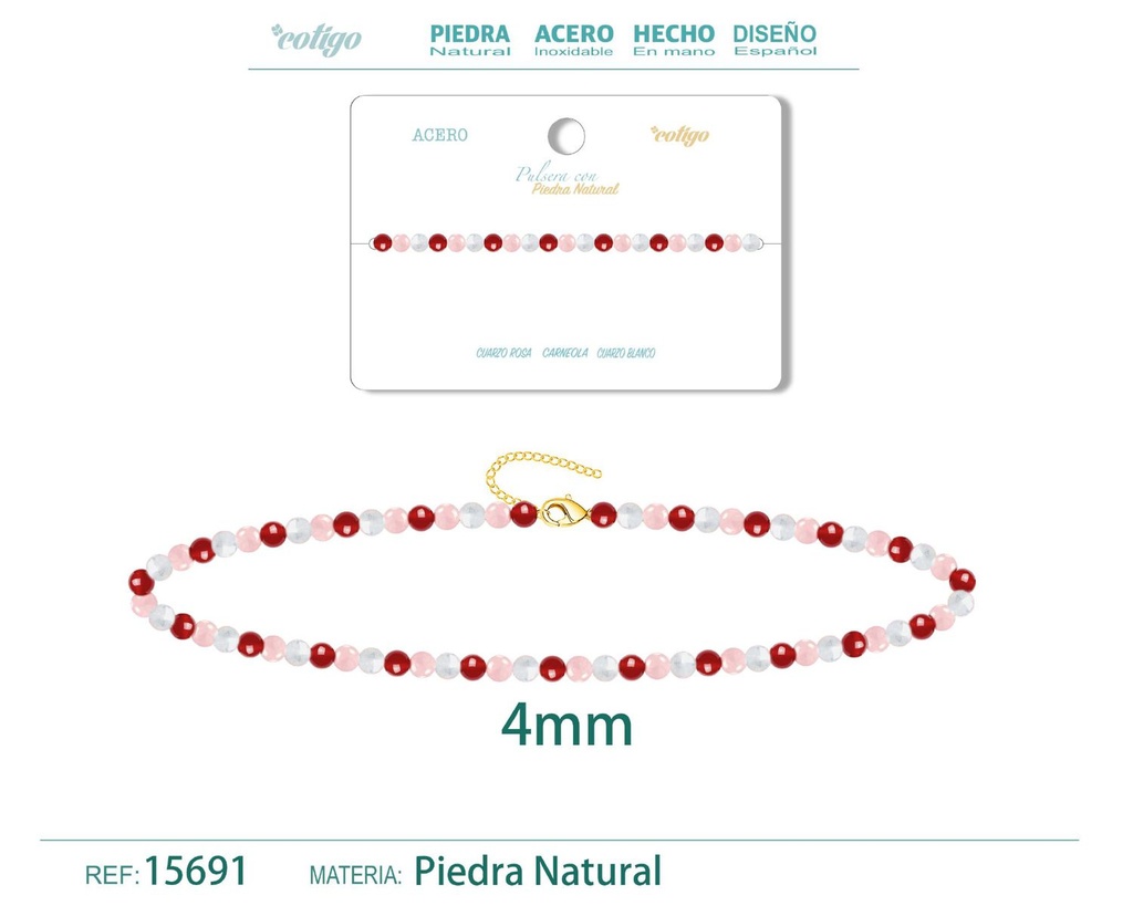 Pulsera de Carneola, Cuarzo blanco y Cuarzo rosa 4mm - Pulsera de acero de moda