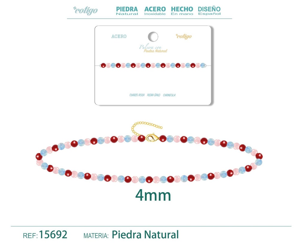 Pulsera de Carneola, Opalina y Cuarzo rosa 4mm - Pulsera de acero de moda