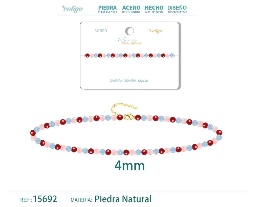 Pulsera de carneola, opalina y cuarzo rosa de 4 mm - Joyería de moda y pulseras