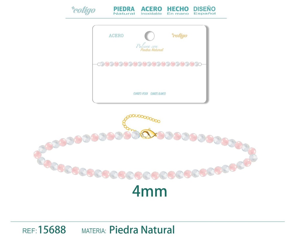 Pulsera de Cuarzo rosa y Cuarzo blanco 4mm - Pulsera de acero de moda