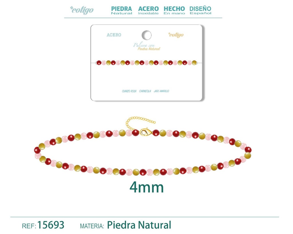 Pulsera de Carneola, Jade amarillo y Cuarzo rosa 4mm - Pulsera de acero de moda