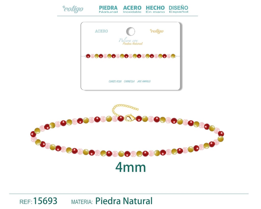 Pulsera de carneola, jade amarillo y cuarzo rosa de 4 mm - Joyería de moda y pulseras