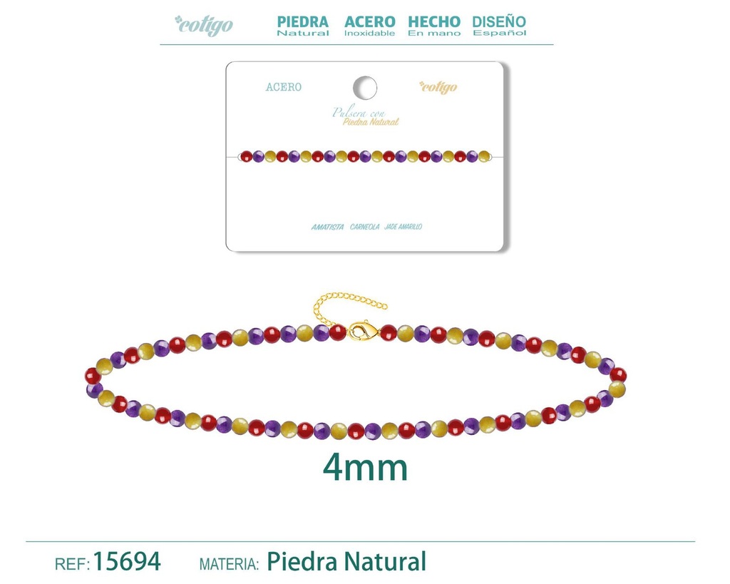 Pulsera de Carneola, Jade amarillo y Amatista 4mm - Pulsera de acero de moda