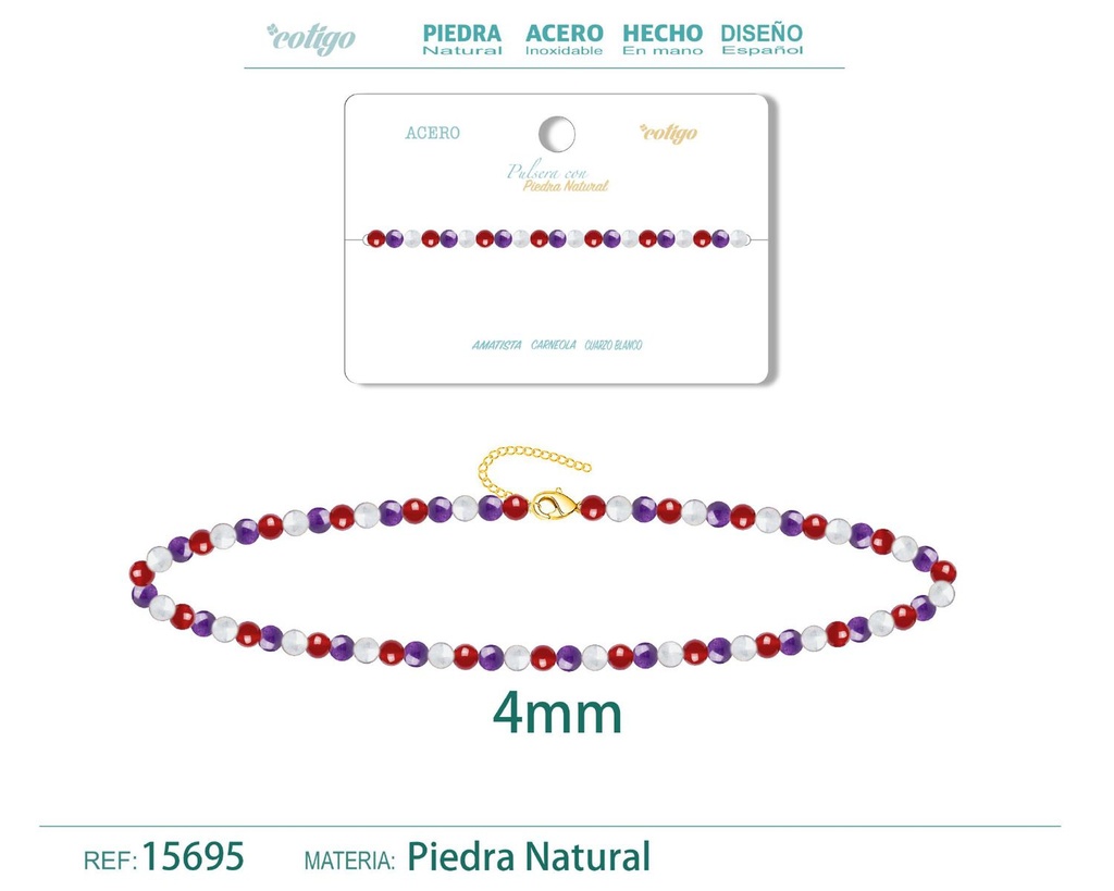 Pulsera de Carneola, Amatista y Cuarzo blanco 4mm - Pulsera de acero de moda