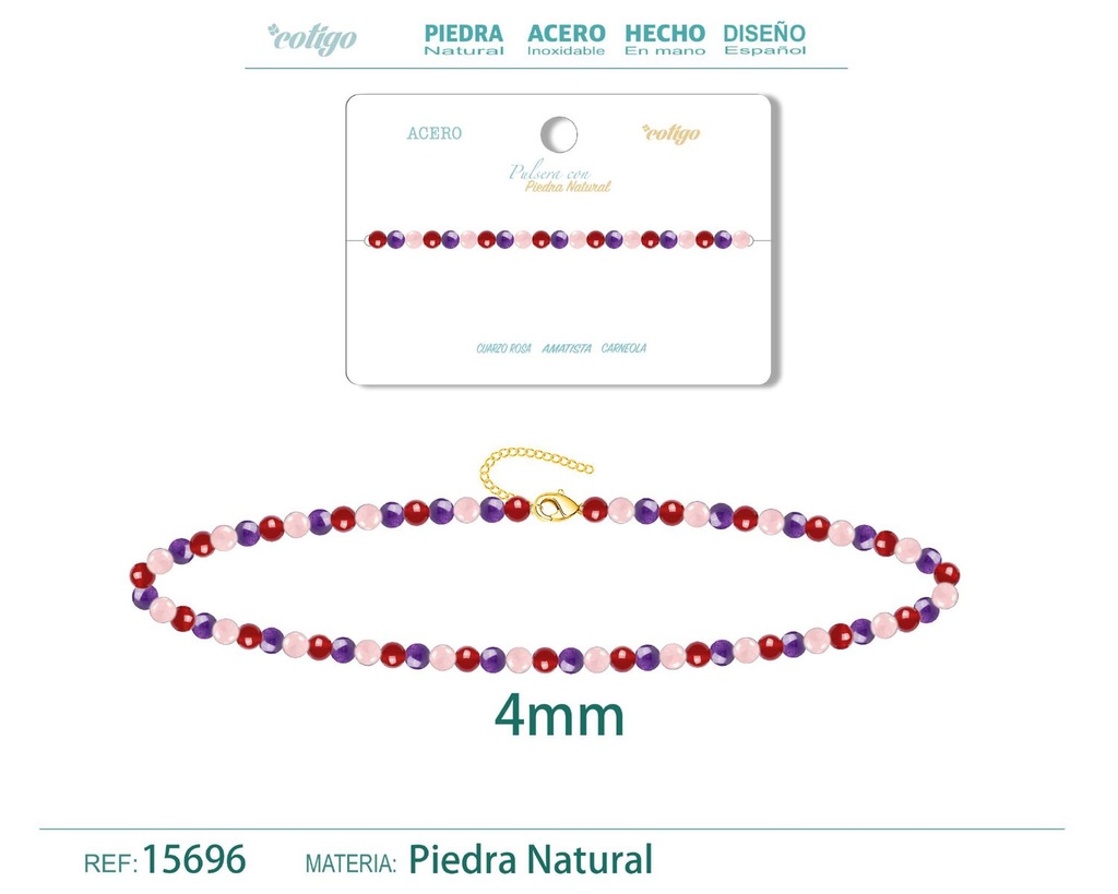 Pulsera de Carneola, Amatista y Cuarzo rosa 4mm - Pulsera de acero de moda