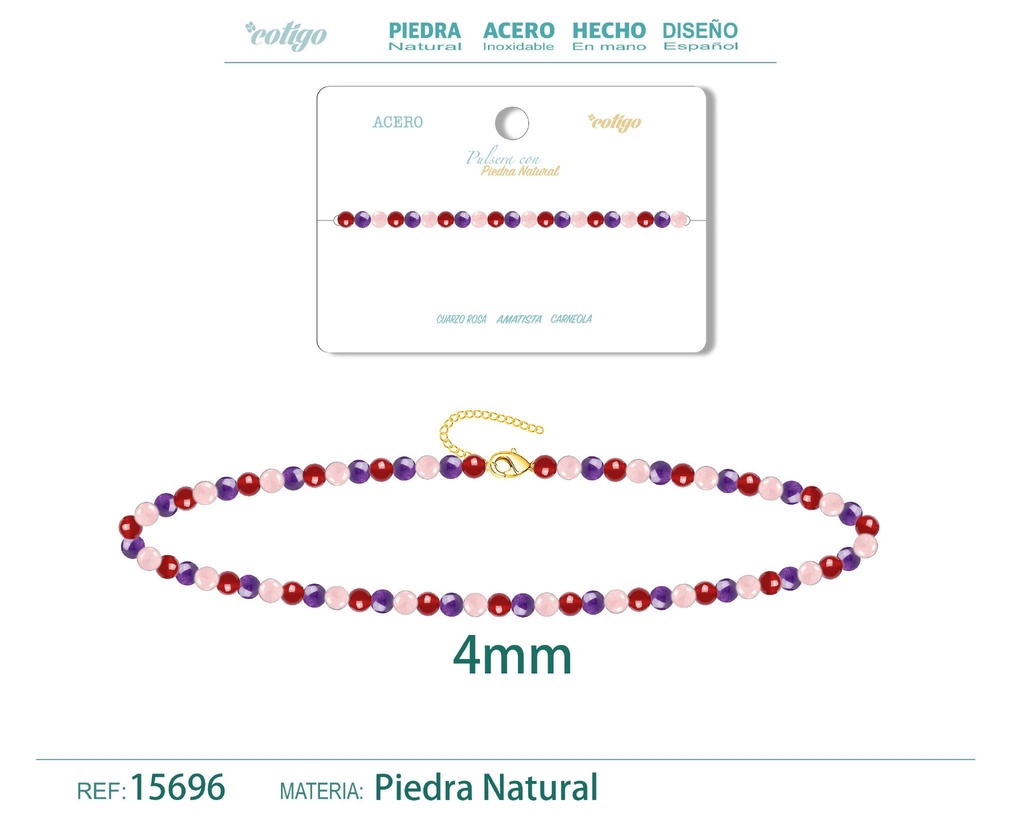 Pulsera de carneola, amatista y cuarzo rosa de 4 mm - Joyería de moda y pulseras