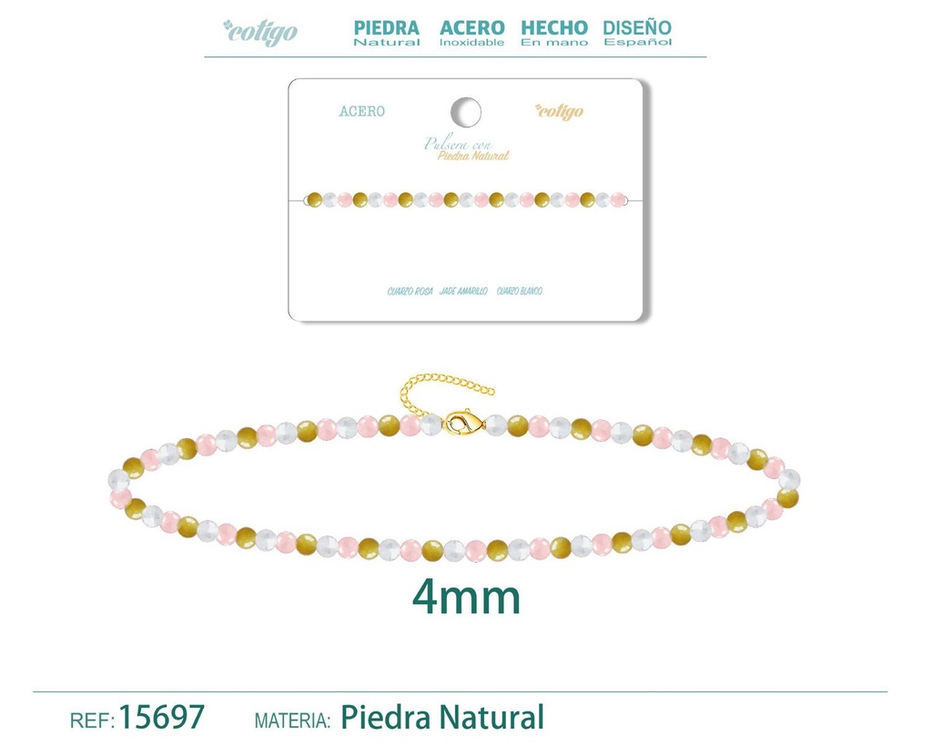 Pulsera de Jade amarillo, Cuarzo rosa y Cuarzo blanco 4mm - Pulsera de acero de moda