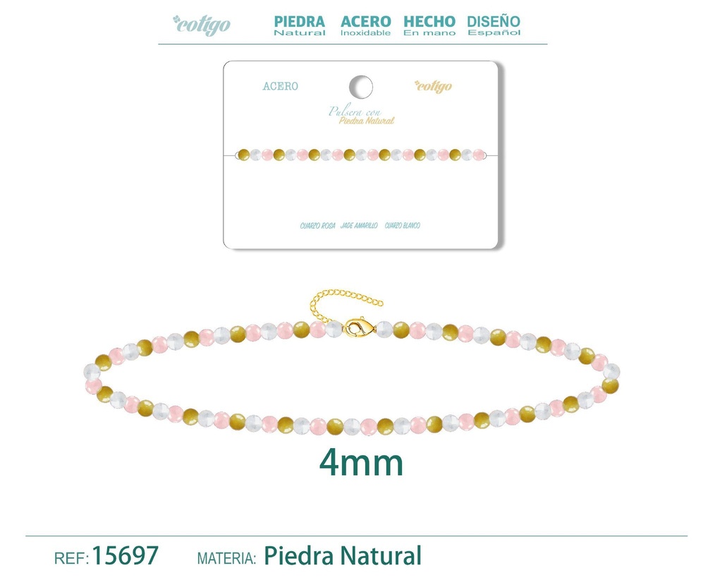 Pulsera de jade amarillo, cuarzo rosa y cuarzo blanco de 4 mm - Joyería de moda y pulseras
