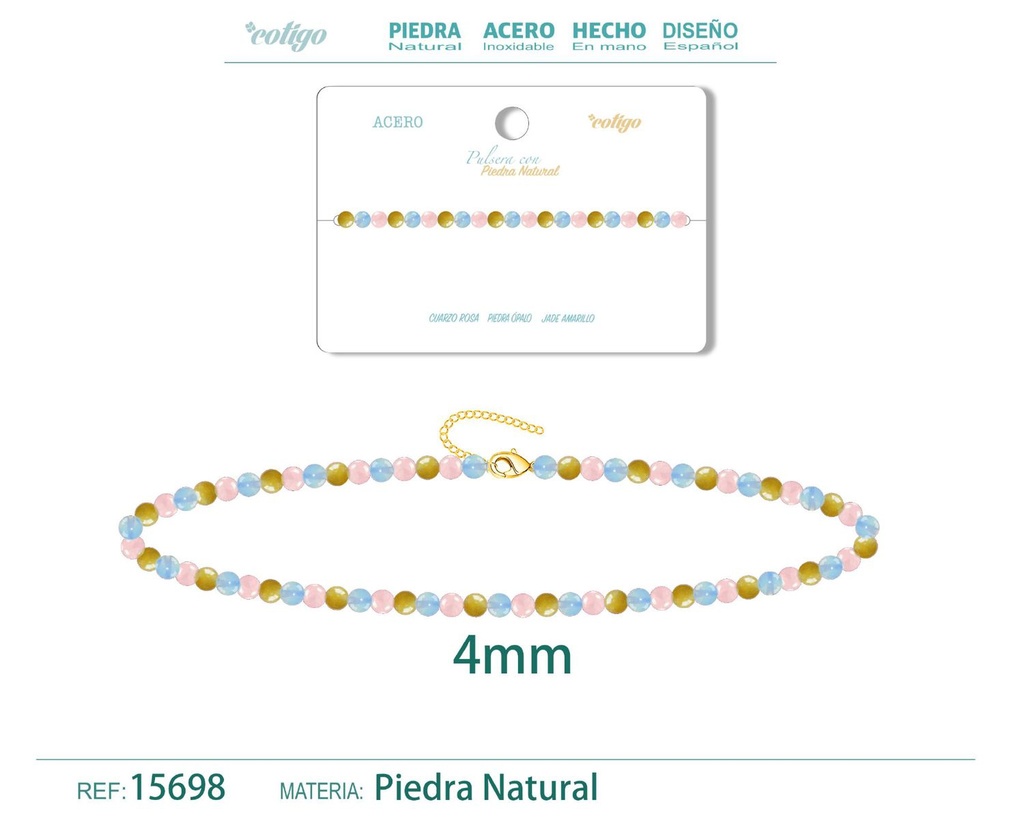 Pulsera de Jade amarillo, Cuarzo rosa y Opalina 4mm - Pulsera de acero de moda