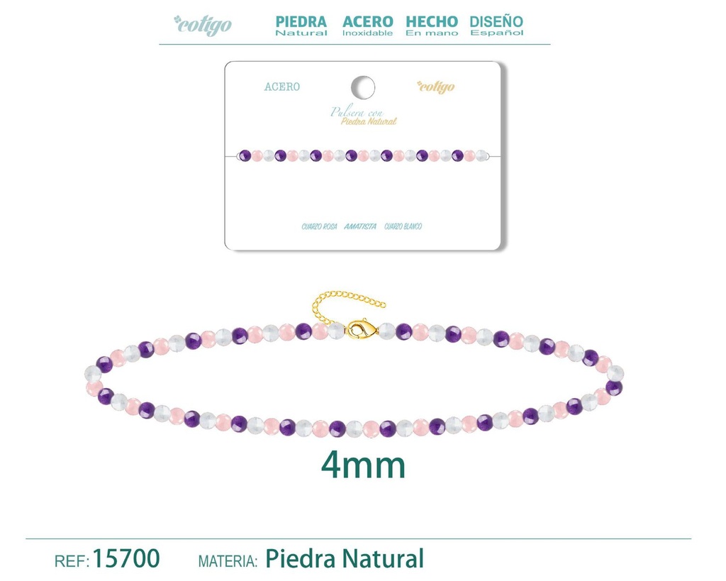 Pulsera de Cuarzo rosa, Amatista y Cuarzo blanco - Pulsera de acero de moda