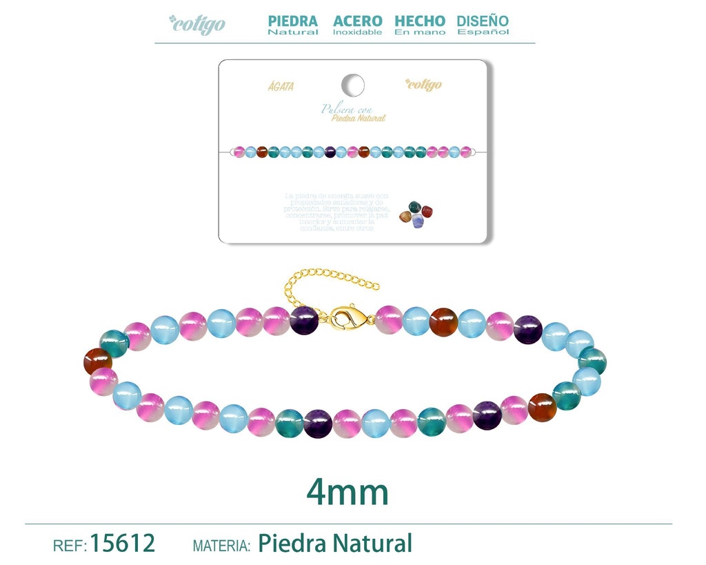 Pulsera de ágata 4 mm - Joyería de piedra natural y acero