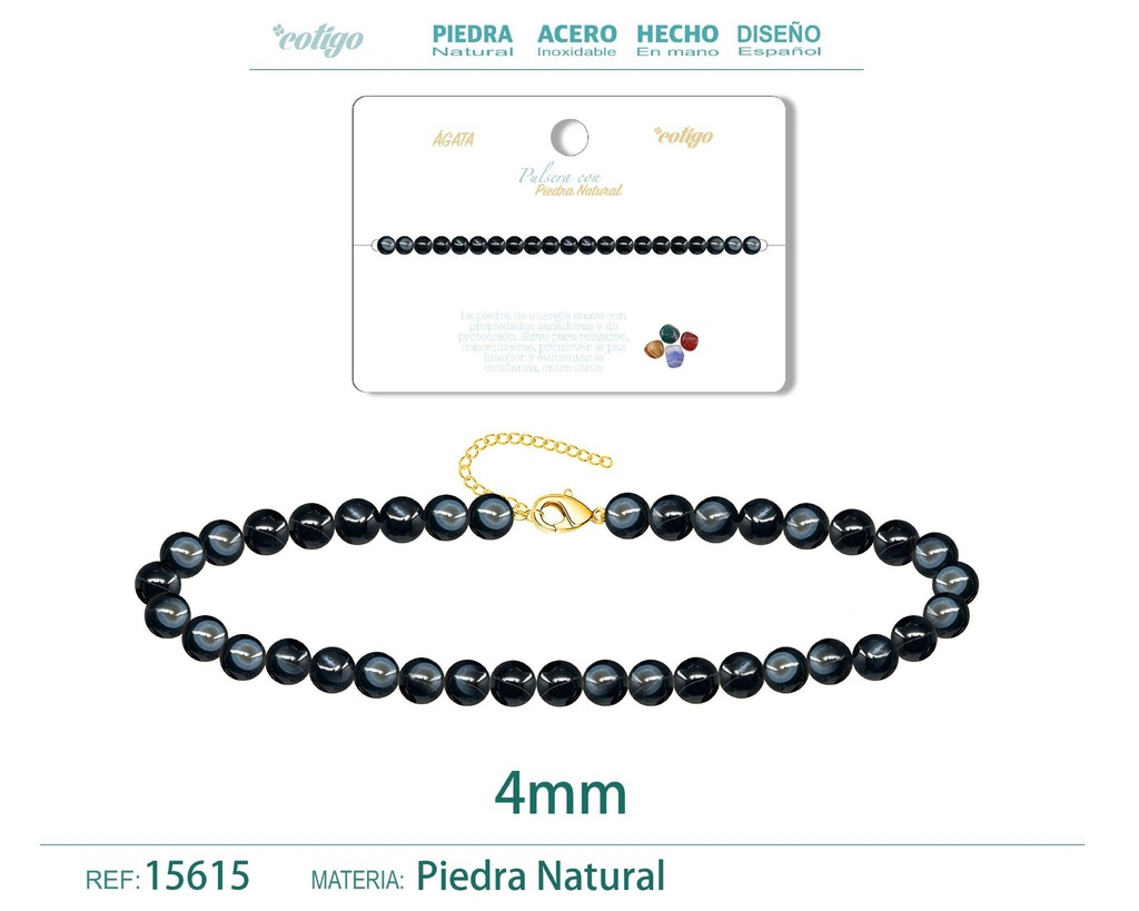 Pulsera de ágata 4 mm - Joyería de piedra natural y acero