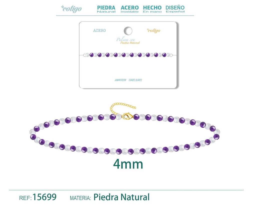 Pulsera de Amatista y Cuarzo Blanco 4 mm - Joyería de moda y accesorios