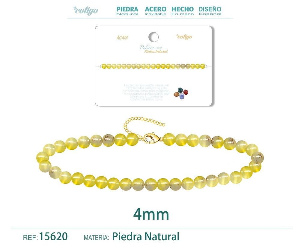 Pulsera de ágata 4 mm - Joyería de piedra natural y acero