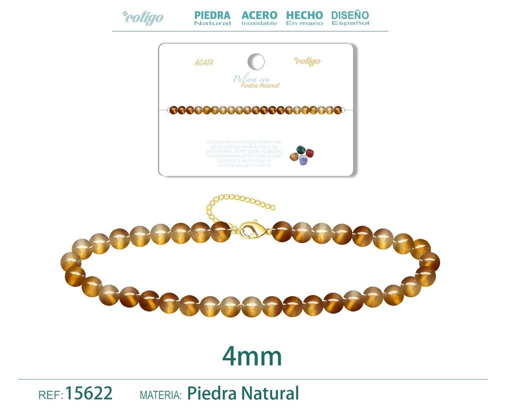 Pulsera de ágata 4 mm - Joyería de piedra natural y acero