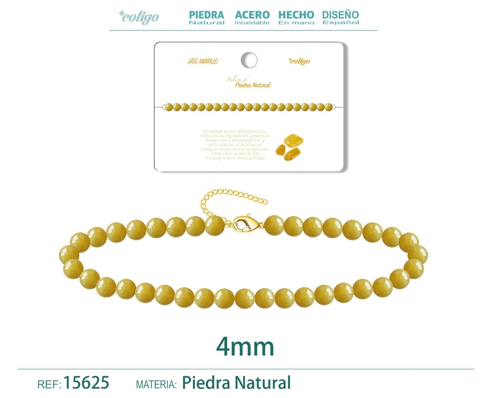 Pulsera de jade amarillo 4 mm - Joyería de piedra natural y acero