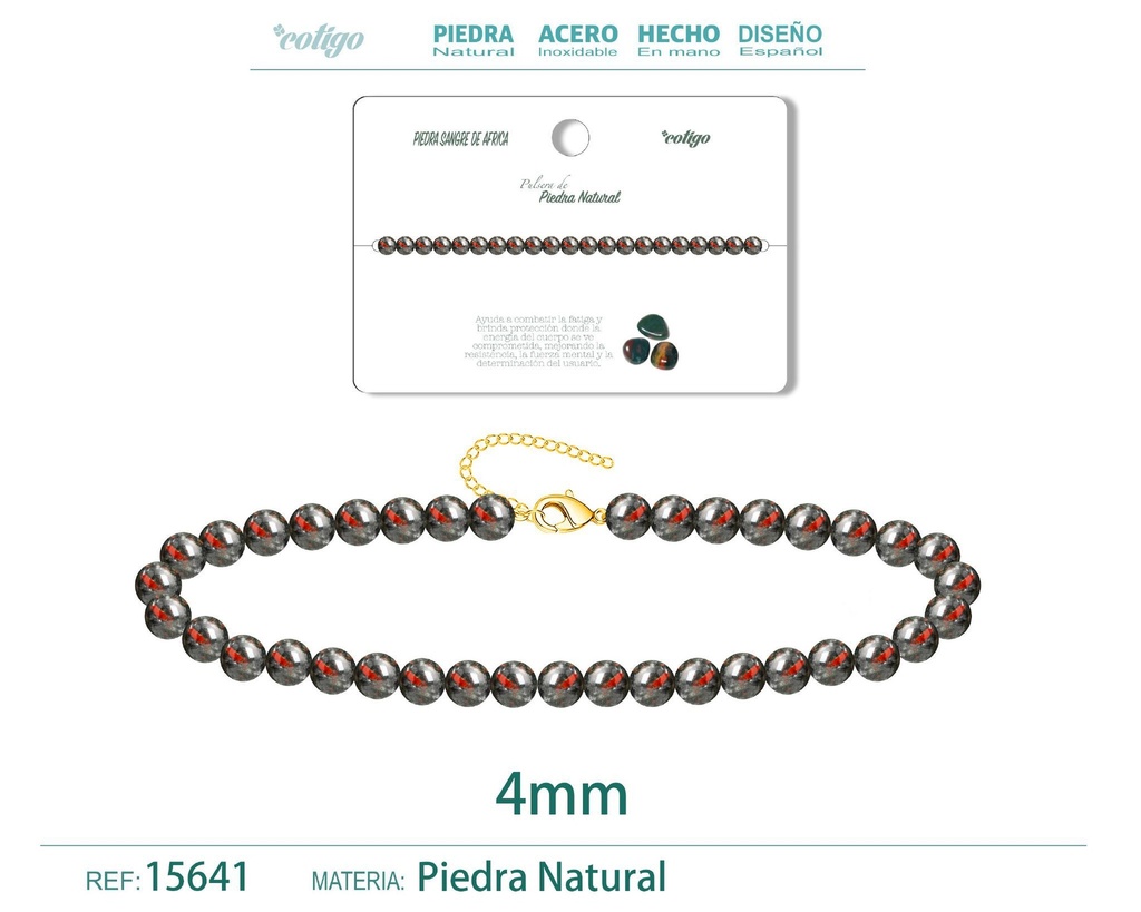 Pulsera de sangre de África 4 mm - Joyería de piedra natural y acero