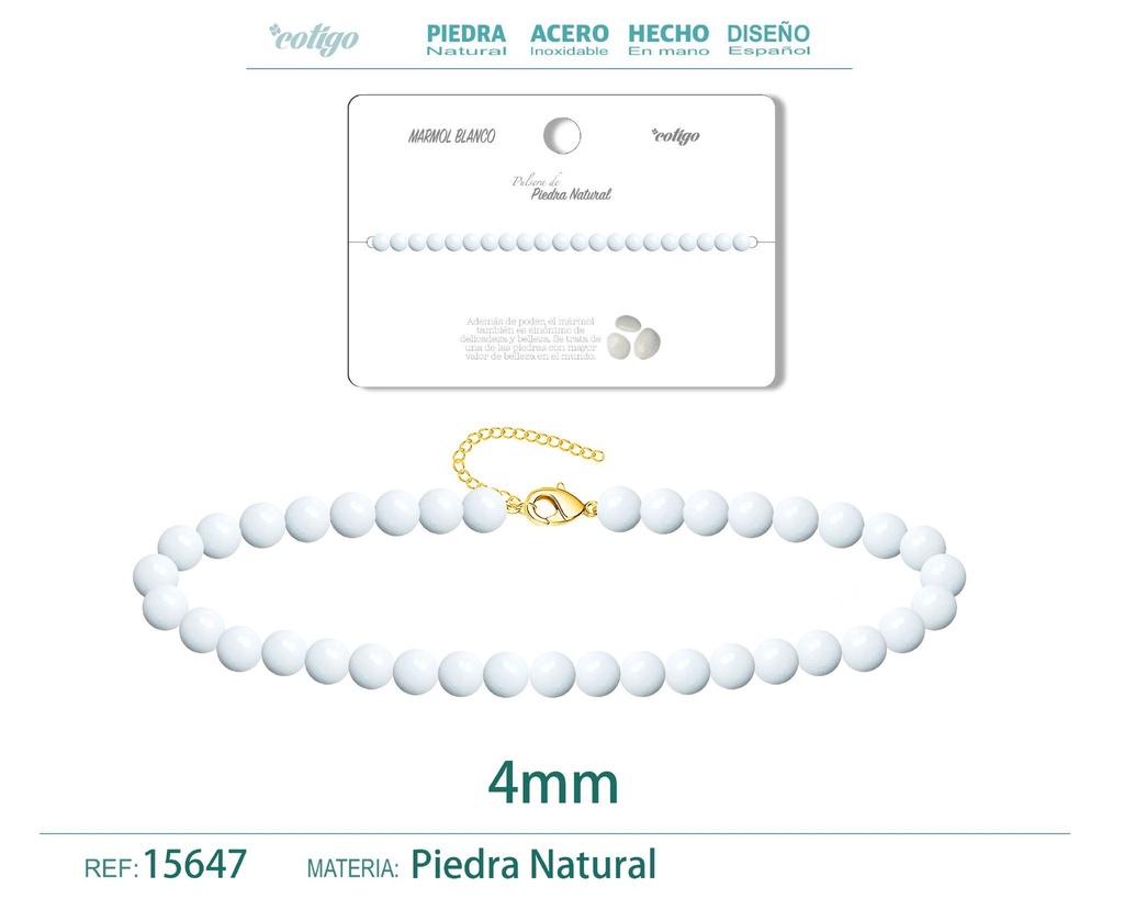 Pulsera de mármol blanco 4 mm - Joyería de piedra natural y acero