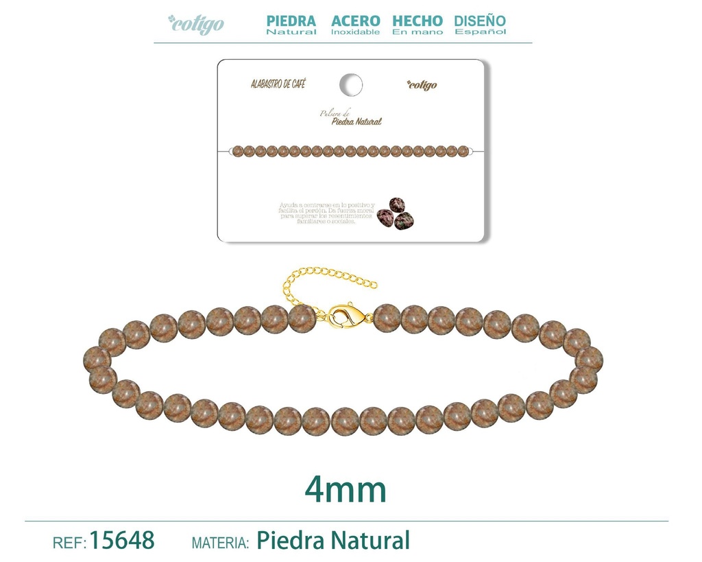 Pulsera de alabastro de café 4 mm - Joyería de piedra natural y acero