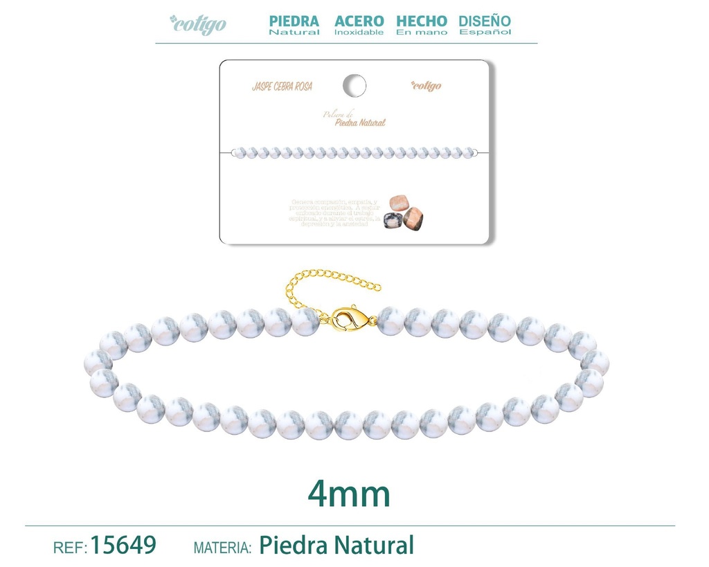 Pulsera de jaspe cebra rosa 4 mm - Joyería de piedra natural y acero