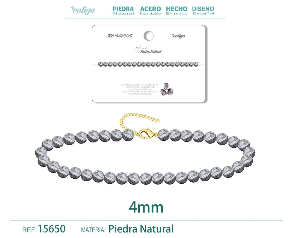 Pulsera de jaspe Picasso gris 4 mm - Joyería de piedra natural y acero