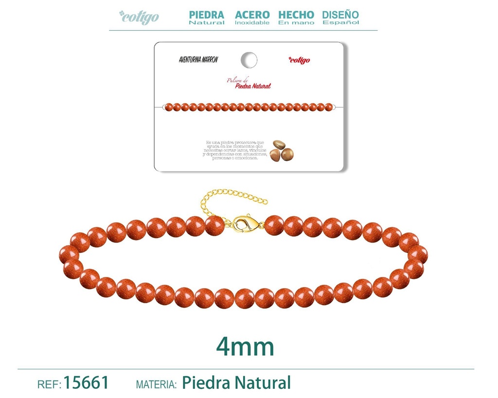 Pulsera de aventurina marrón 4 mm - Joyería de piedra natural y acero