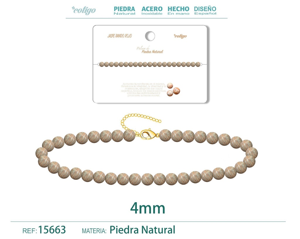 Pulsera de jaspe rayado rojo 4 mm - Joyería de piedra natural y acero
