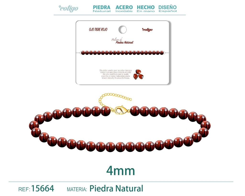 Pulsera de ojo de tigre rojo 4 mm - Joyería de piedra natural y acero