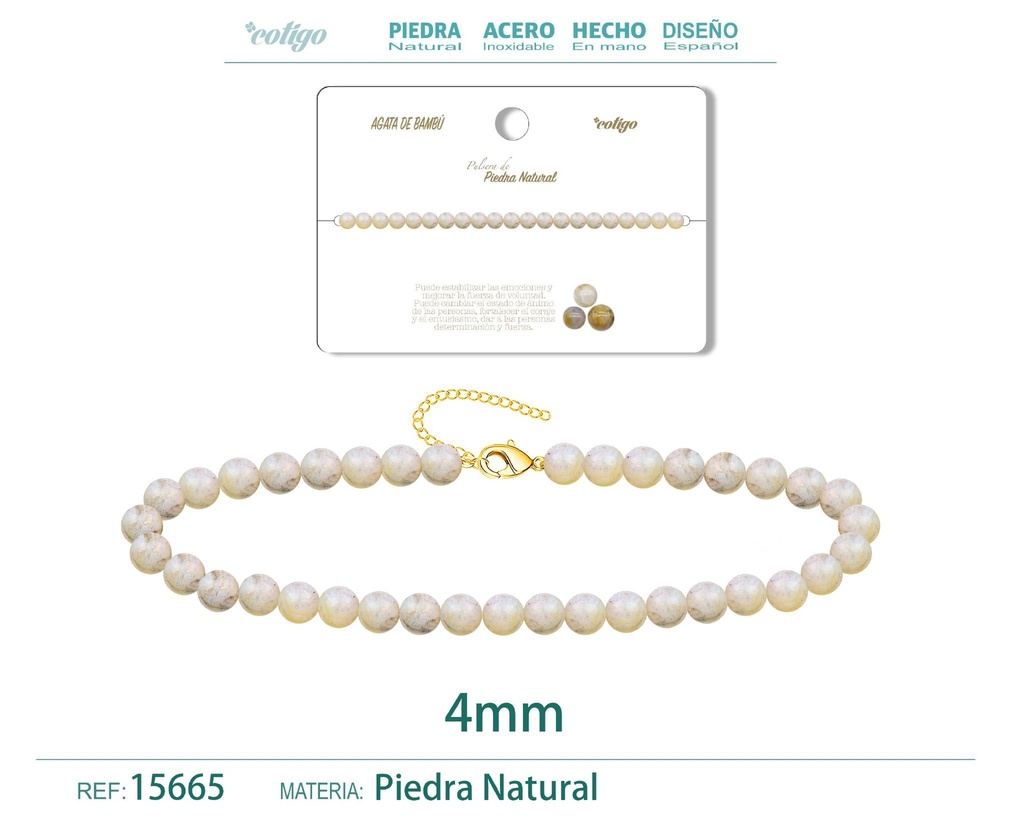 Pulsera de ágata de bambú 4 mm - Joyería de piedra natural y acero
