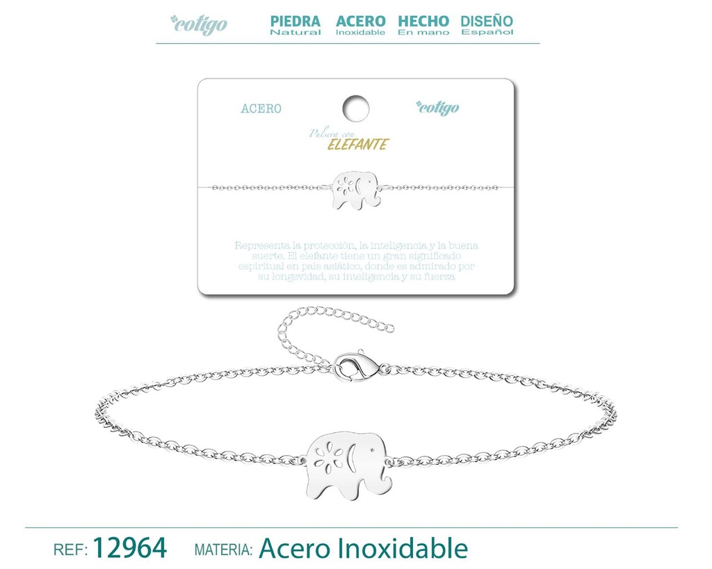 Pulsera de Acero Plateado con Elefante - Joyería de acero y accesorios