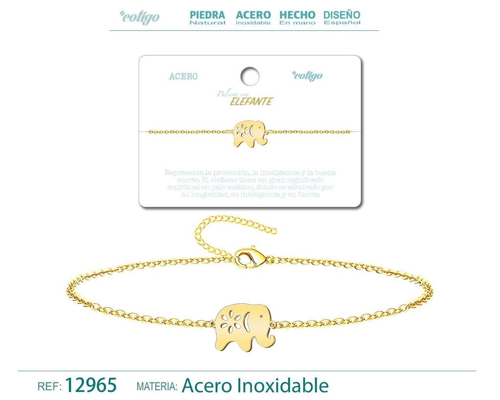 Pulsera de Acero Dorado con Elefante - Joyería de acero y accesorios