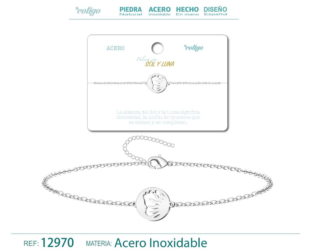 Pulsera de Acero Plateado con Sol y Luna - Joyería de acero y accesorios