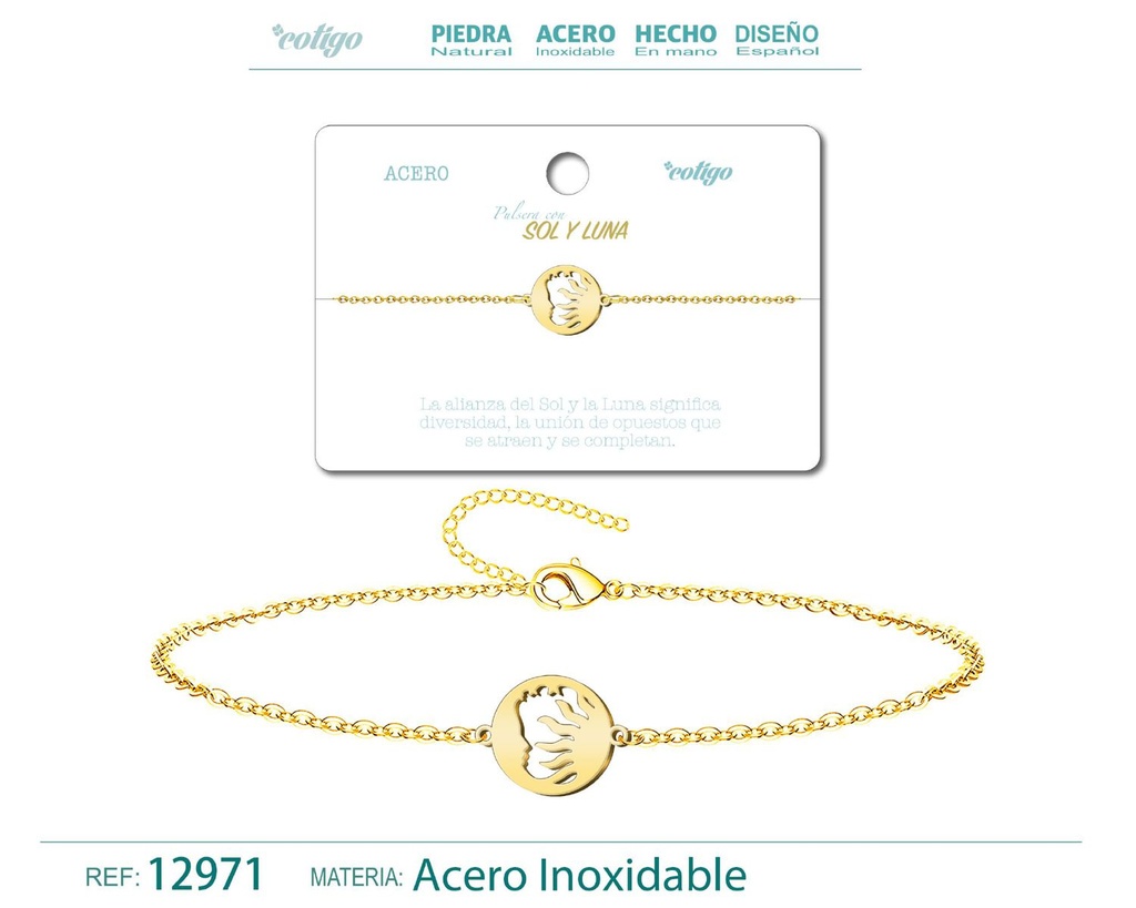 Pulsera de Acero Dorado con Sol y Luna - Joyería de acero y accesorios