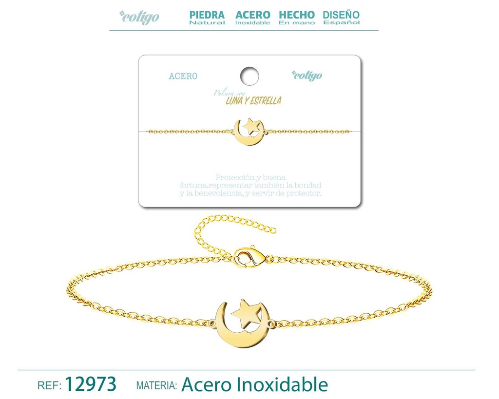 Pulsera de Acero Dorado con Luna y Estrella - Joyería de acero y accesorios