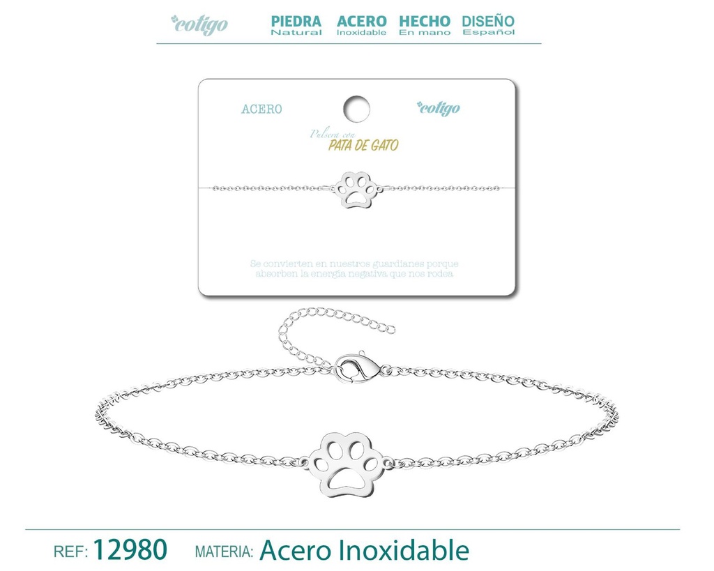 Pulsera de Acero Plateado con Pata de Gato - Joyería de acero y accesorios