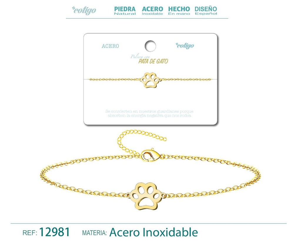 Pulsera de Acero Dorado con Pata de Gato - Joyería de acero y accesorios