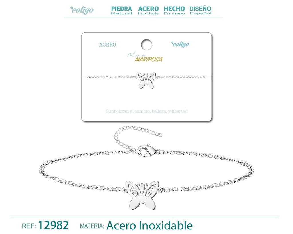 Pulsera de Acero Plateado con Mariposa - Joyería de acero y accesorios